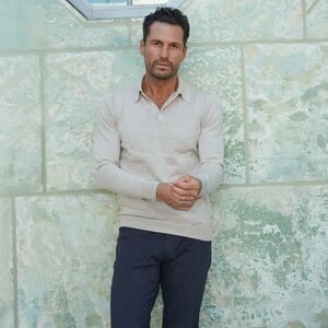 Collars & Co Polo Sweater Mens XXL Bellagio 3 Button LS Merino Wool Oatmeal NWT